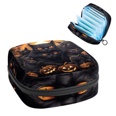 Period Kit Bag for Women and Girls, Halloween Black Cat Pumpkin Design, Zippered Pad Storage Bag