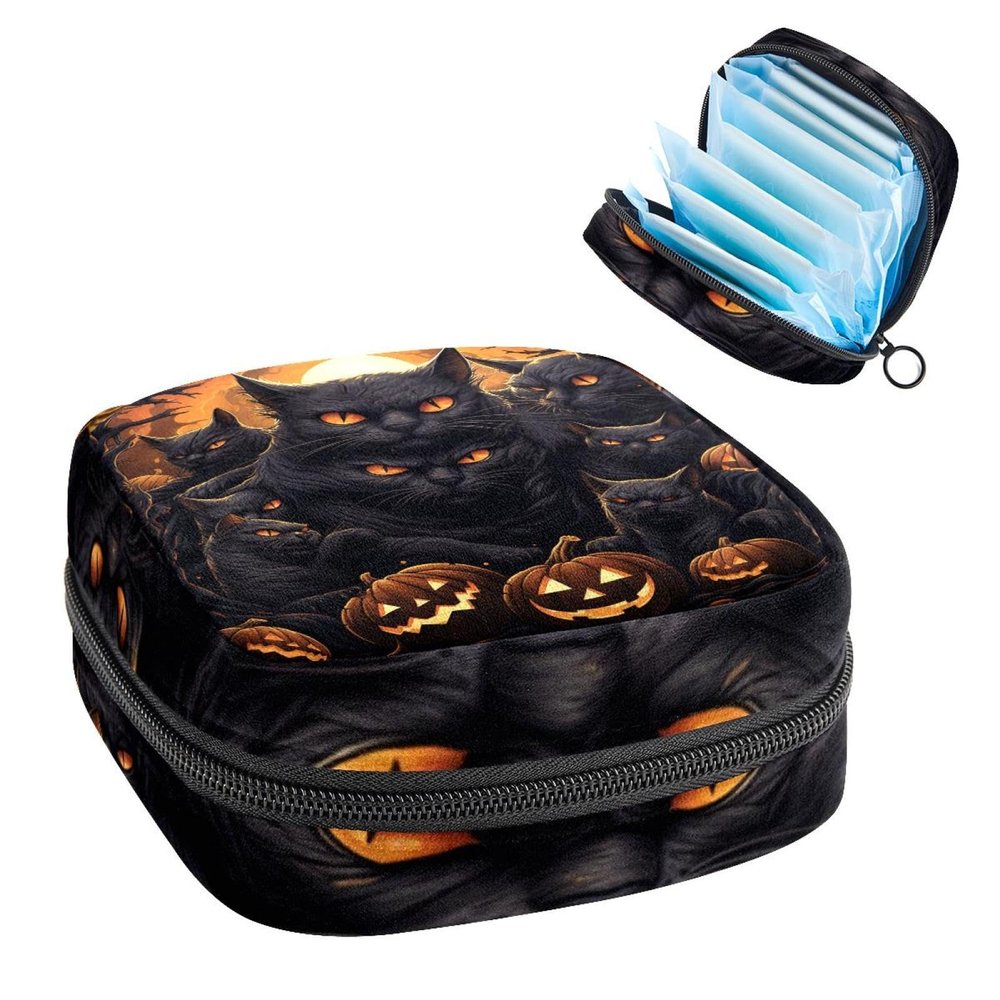 Period Kit Bag for Women and Girls, Halloween Black Cat Pumpkin Design, Zippered Pad Storage Bag
