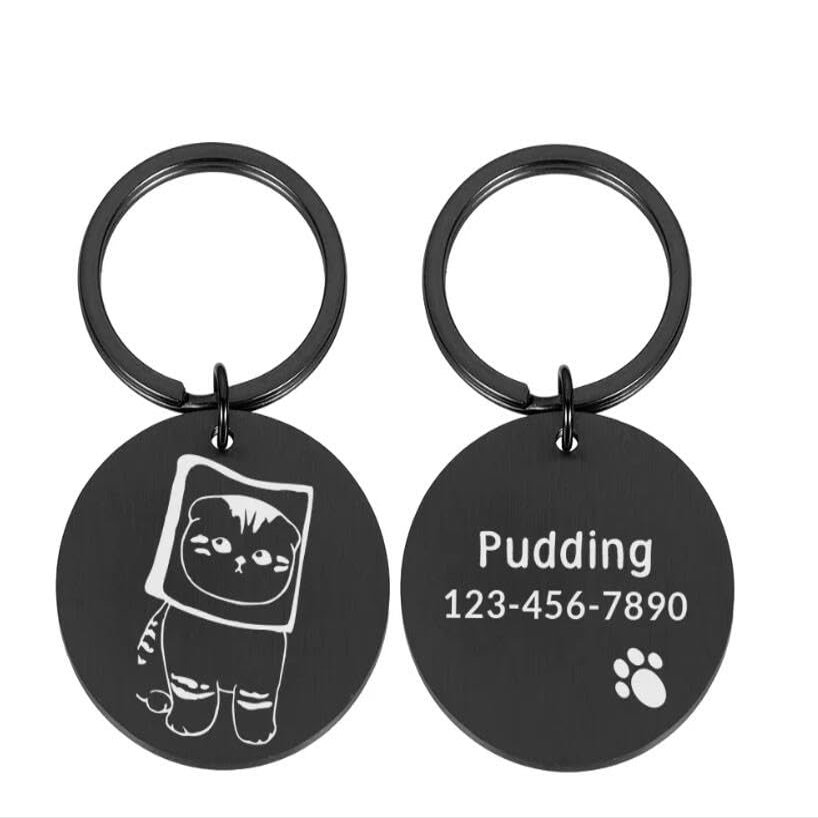 Cute Bread Cat Pattern ID Tag, Collar Plate, Name Tag for Cats, Black, 30 mm