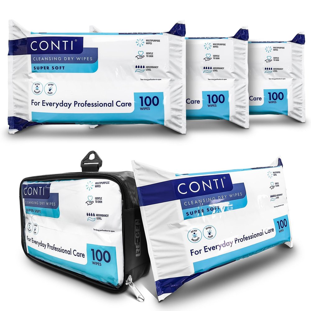 RE-GEN FlexPouch Dry Wipe Dispenser with Conti Super Soft 30 x 28 cm Patient Cleansing Wipes, 3 Packs