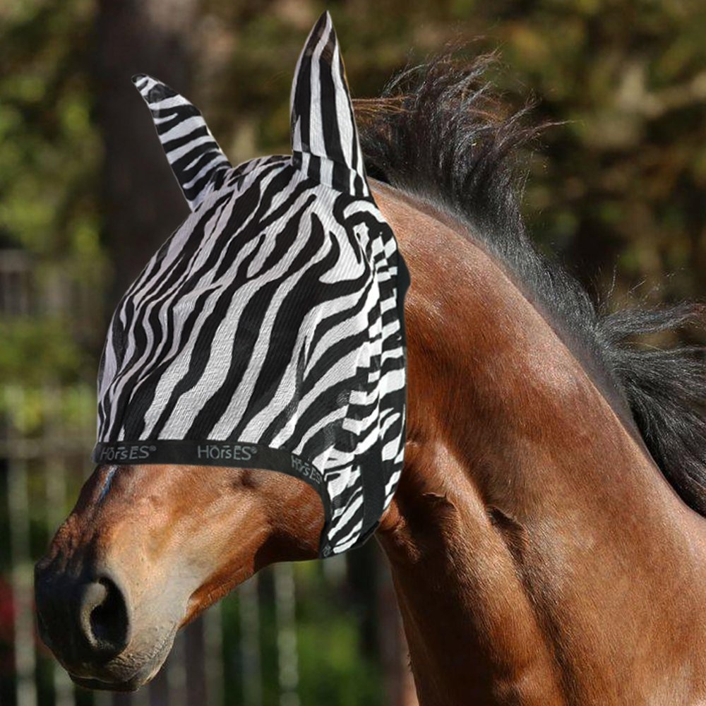 Horses Zebra Fly Mask, Lightweight and Breathable, Fine Mesh, Perforated Fabric Ears, Size S