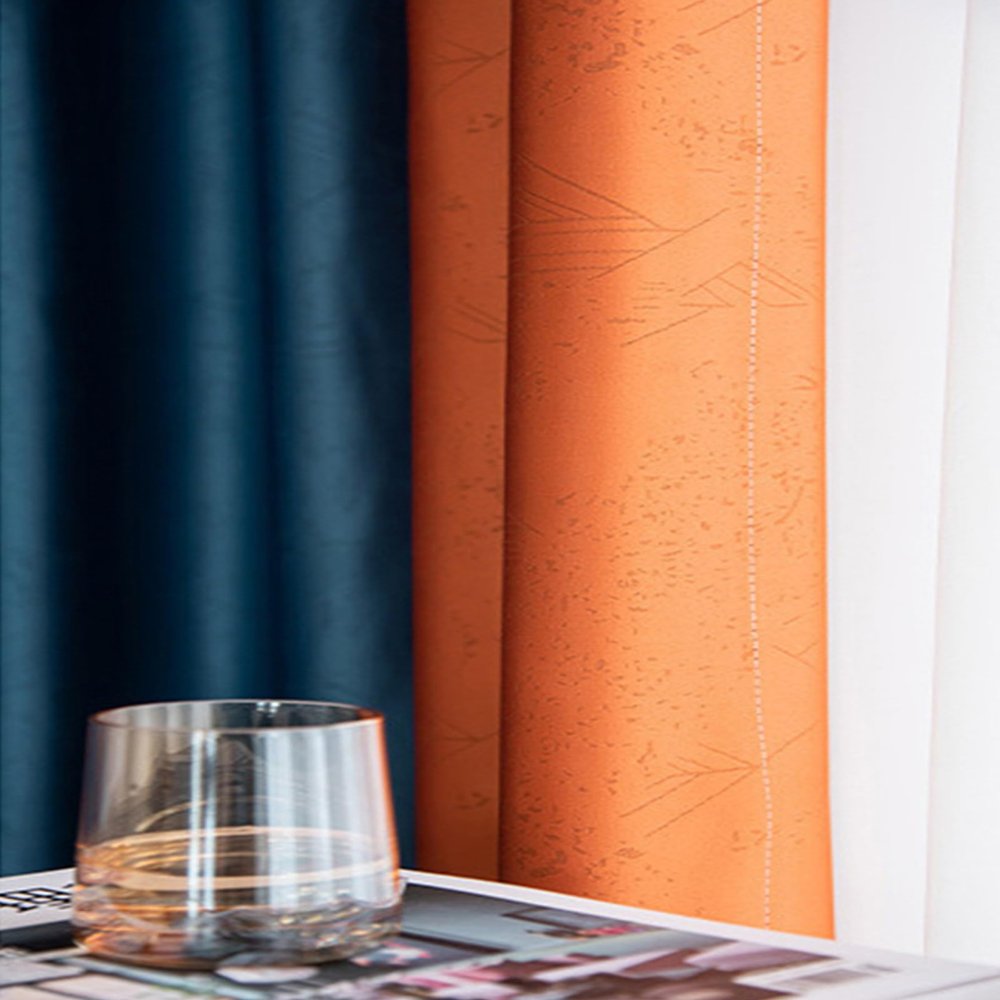 KnSam 2-Piece Navy Blue & Orange Chenille Curtains, Geometric Vintage Pattern, 132 x 244 cm