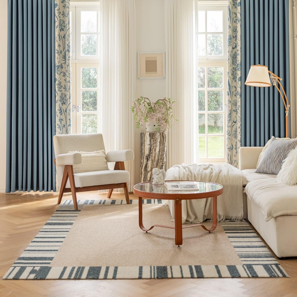 KnSam 2-Piece Blue Floral Patchwork Curtain Set, Opaque, 132 × 229 cm