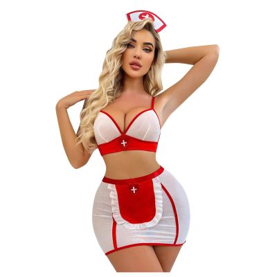 SRZYMJ Women's Sexy Lingerie Set, Lace Babydoll Nightdress with G-String, Open-Front Style, Black/Red, S