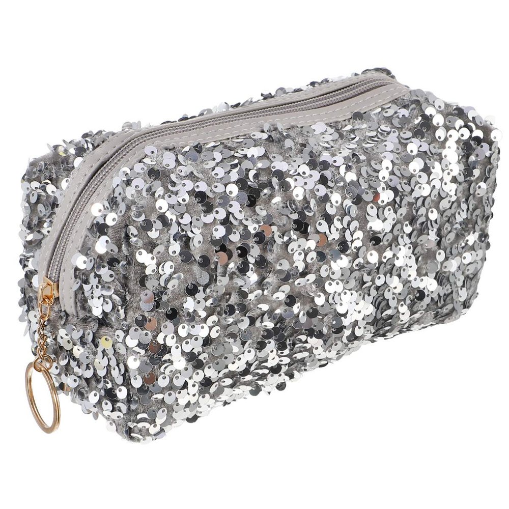 Square Sequin Cosmetic Bag with Zipper for Women, Travel