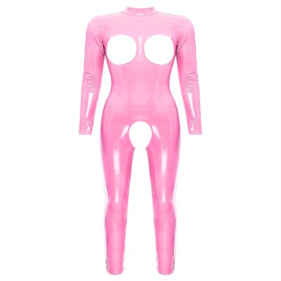Sxiwei Women's Wetlook Open-Bust Long-Sleeve Catsuit, Glossy Latex, Hot Pink, 4XL