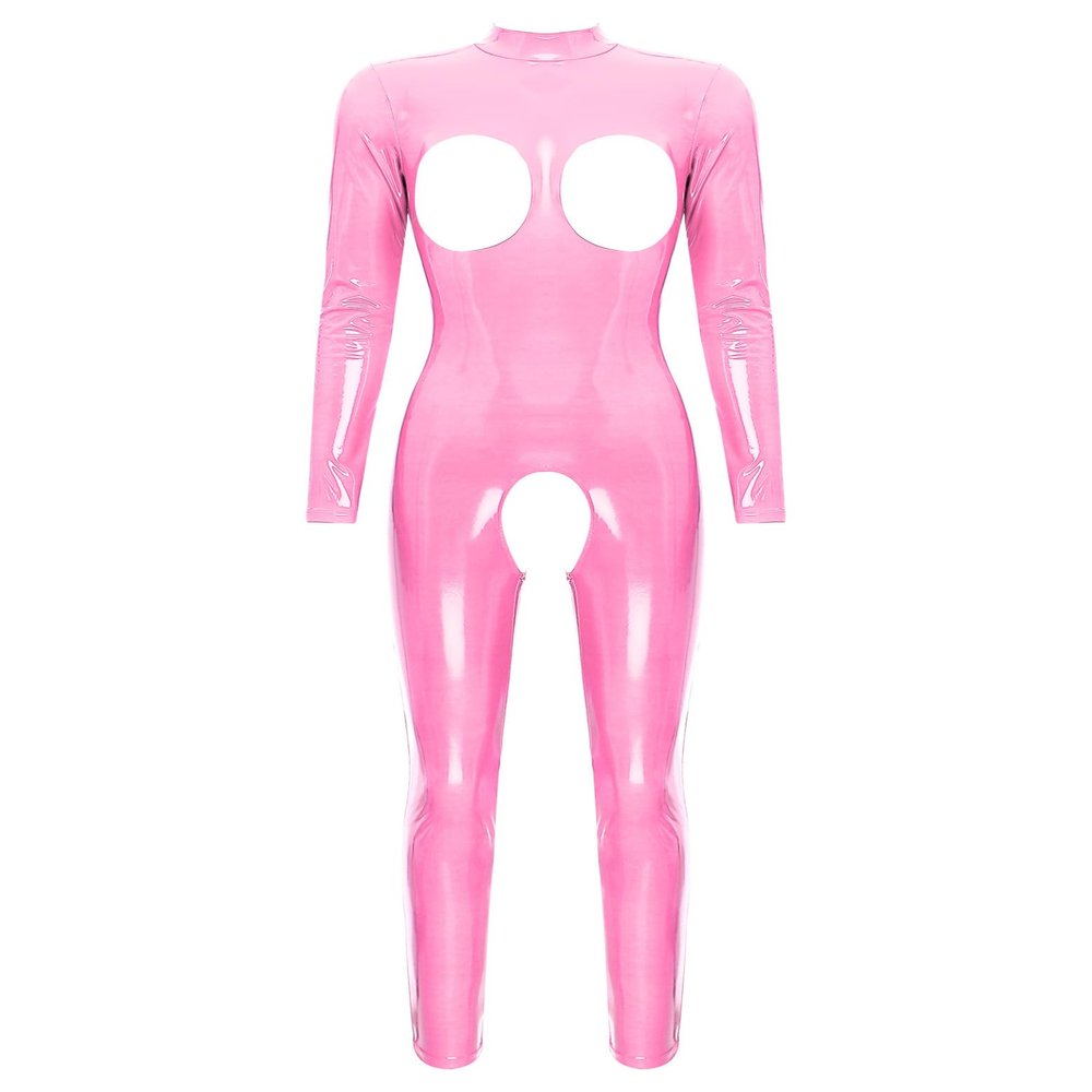 Sxiwei Women's Wetlook Open-Bust Long-Sleeve Catsuit, Glossy Latex, Hot Pink, 4XL