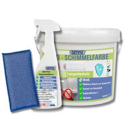GETIFIX Mold Remover Spray, Chlorine-Free, 0.5 L + Anti-Mold Paint, White, 1 L, with Micro-Bristle Sponge
