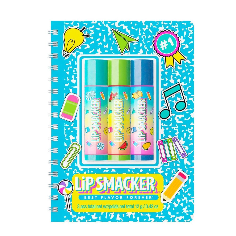 Lip Smacker Back to School Spiral Notebook Lip Balm Trio, 3-Piece Set for Kids, Blue