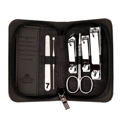 Manicure/Pedicure Set, Portable 6-in-1 Stainless Steel Nail Clipper Set with Nail Scissors and Black/Brown Leather Travel Case (Black)