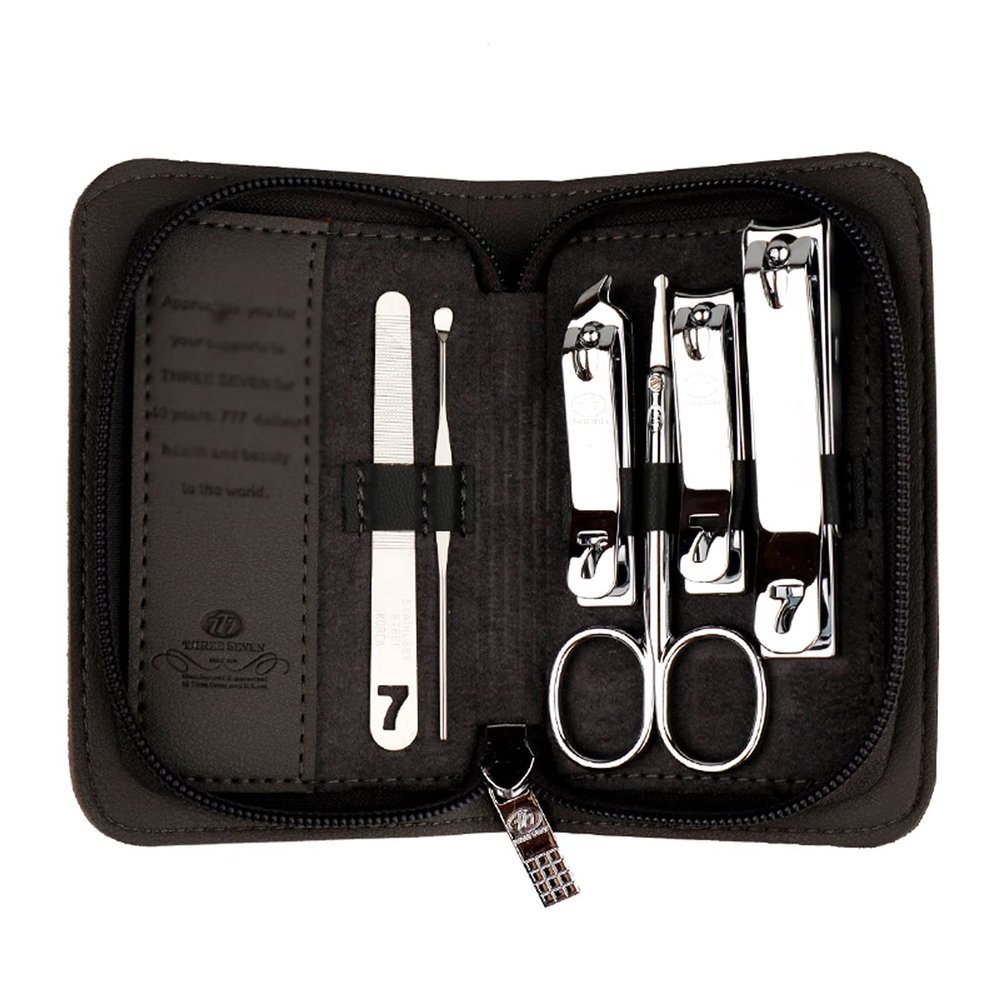 Manicure/Pedicure Set, Portable 6-in-1 Stainless Steel Nail Clipper Set with Nail Scissors and Black/Brown Leather Travel Case (Black)
