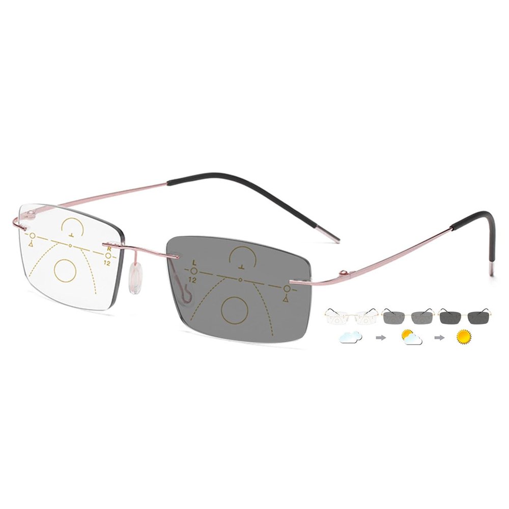 ABETOS Self-Tinting Progressive Reading Glasses, Rimless Titanium, Pink +1.0