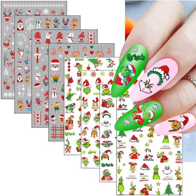 Christmas Grinch Nail Stickers, 8 Sheets