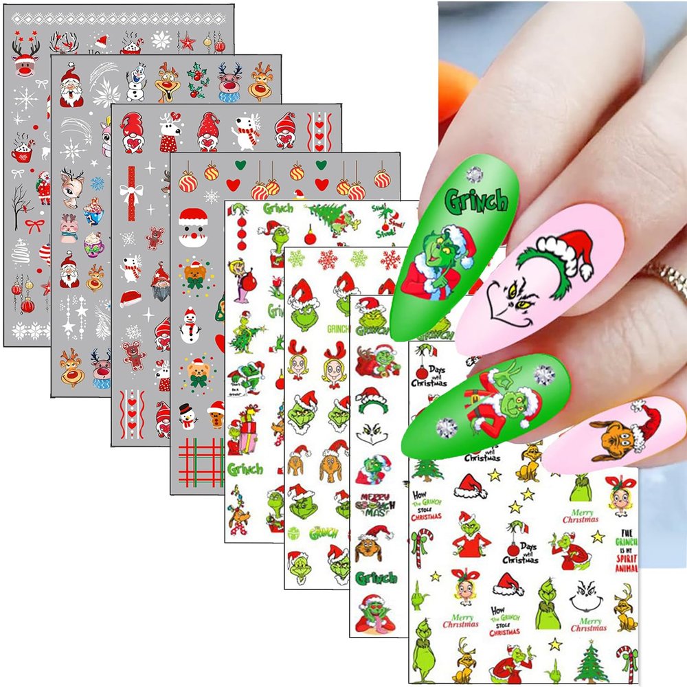 Christmas Grinch Nail Stickers, 8 Sheets