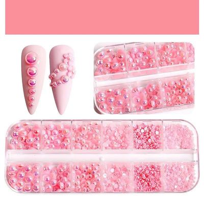 JKDSAO 12-Grid Flatback AB Pearl Nail Art Decorations, White Silver Pearls-12P-07