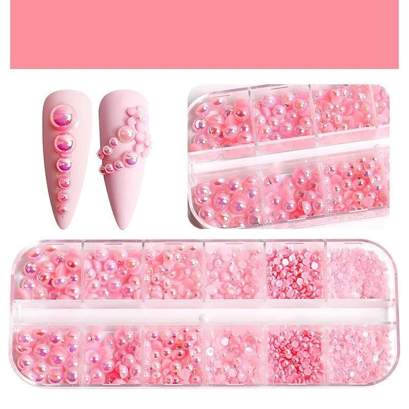 JKDSAO 12-Grid Flatback AB Pearl Nail Art Decorations, White Silver Pearls-12P-07
