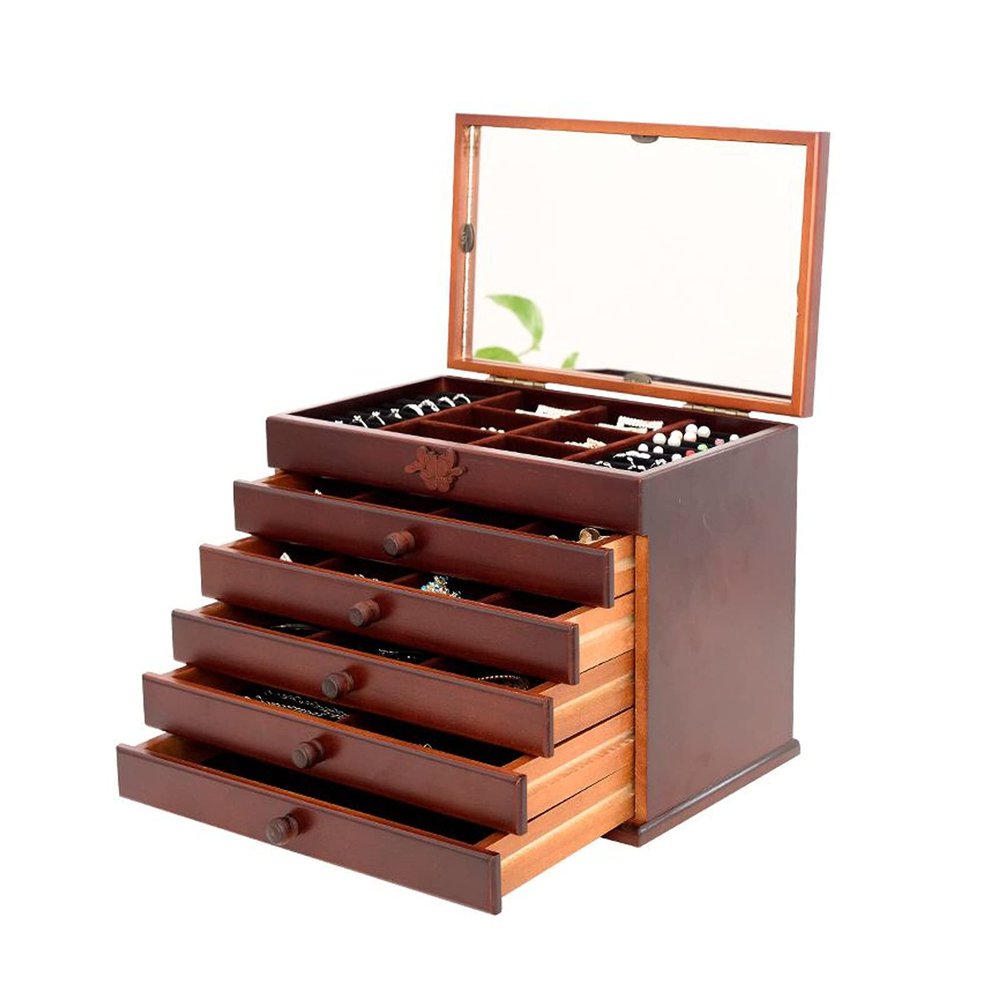 Large Wooden Jewelry Box Organizer with Lock and 5 Drawers