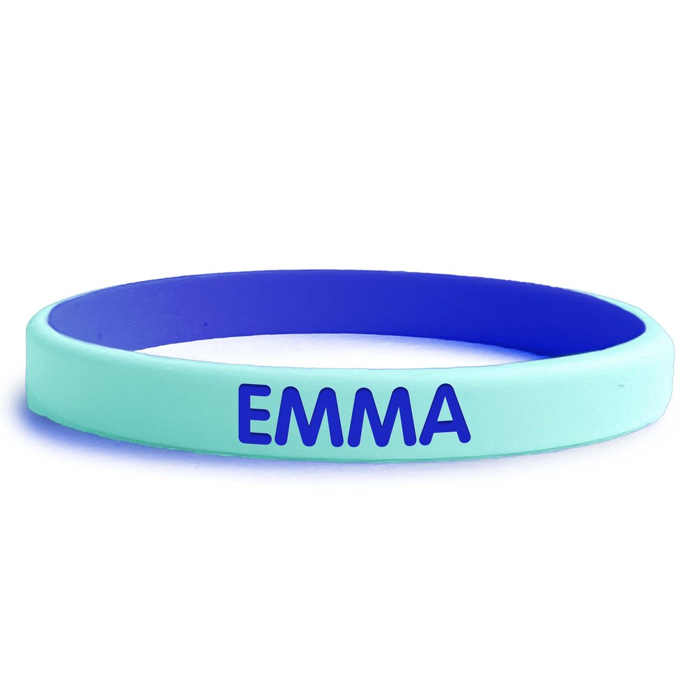 Gutmarkiert SOS Silicone Bracelet for Kids, Engraved, Seafoam–Dark Blue