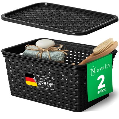 Novaliv Set of 2 Elegant 5 L Storage Baskets with Lids, Rattan Look, Black