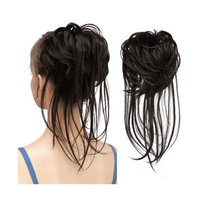 Synthetic Messy Bun Hairpiece with Elastic Tie, Curly Chignon Donut, Black/Brown
