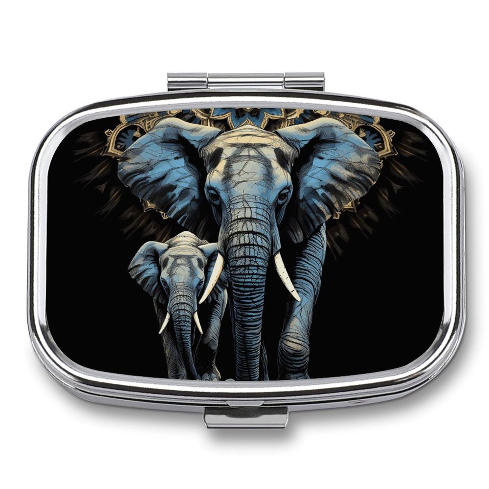 Pill Organizer with Two Elephants on a Black Background, 2 Compartments