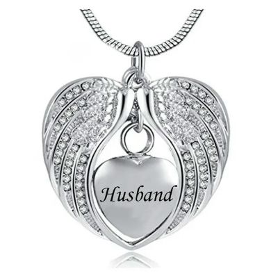 Free Engraving Papa/Mom/Son/Grandma/Grandpa/Husband in My Heart Cremation Urn Necklace with Crystal Wing Memorial Jewelry