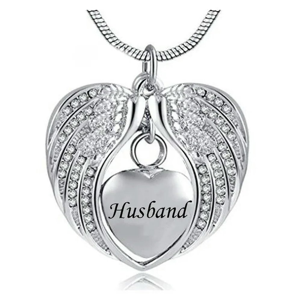 Free Engraving Papa/Mom/Son/Grandma/Grandpa/Husband in My Heart Cremation Urn Necklace with Crystal Wing Memorial Jewelry