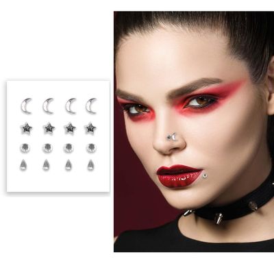 FIESTAS GUIRCA Sticker Jewel Face Fake Piercing, Silver-Tone, Nail Stickers and Face Jewelry for Halloween, Carnival and Costume Parties