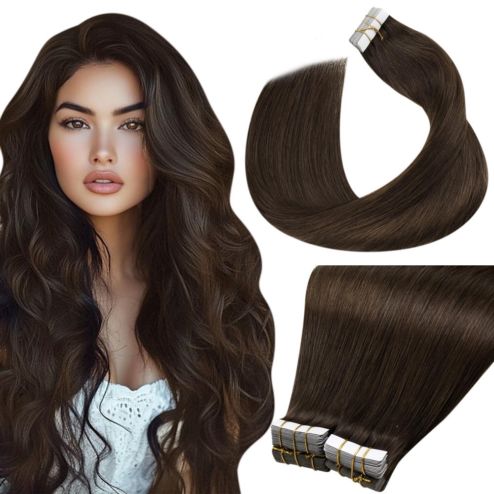 LaaVoo Invisible Tape-In Extensions, Remy Human Hair, Dark Brown #2, Straight, 80 g, 40 Pieces, 35 cm