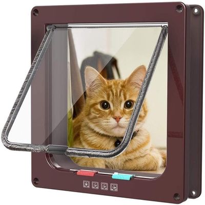 BANTASE Small Cat Flap, 19 x 20 x 2 cm, 4-Way Locking, Quiet Pet Door, Brown, L