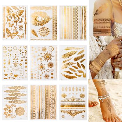 9-Piece Gold Flash Tattoos, Metallic Festival Accessories