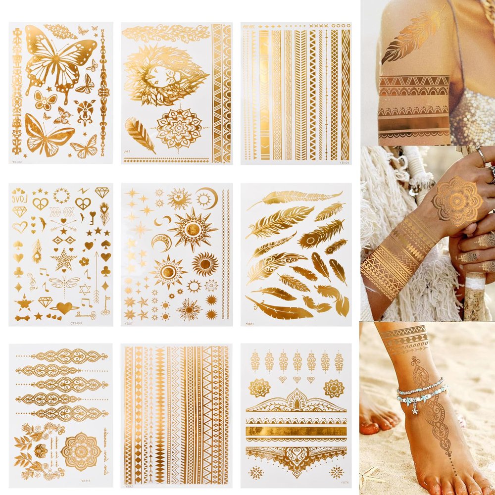 9-Piece Gold Flash Tattoos, Metallic Festival Accessories