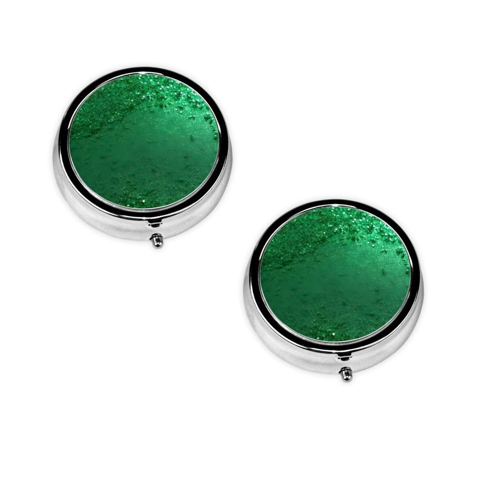 Mini Pill Case with Green Sequins, Round, 3 Compartments