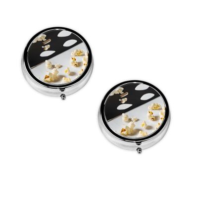 Round Mini Pill Box with Film and Popcorn Print, 3 Compartments