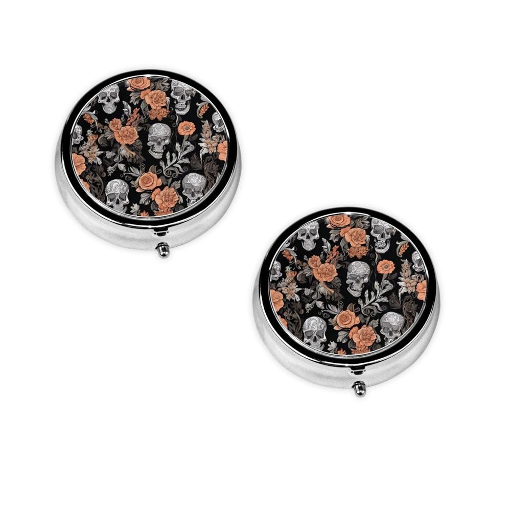Round Mini Pill Box with Colorful Skull Design, 3 Compartments