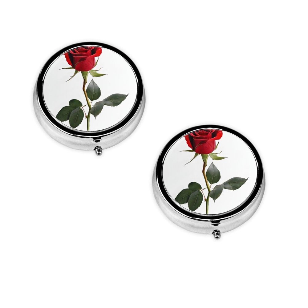 Round Mini Pill Box with Red Rose Print, 3 Compartments