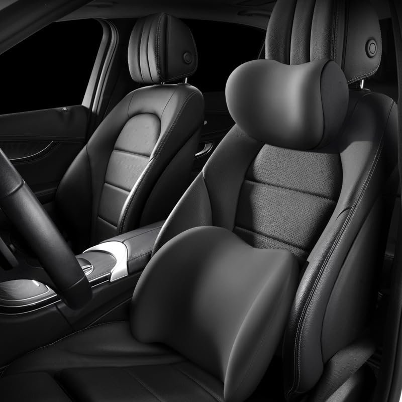 JGGQSY Ergonomic Headrest and Lumbar Cushion for Car Seats, Compatible with Ford Mustang, Evos, Everest, Mustang Mach-E, Grand C-Max, Comfortable Breathable Memory Foam, A/Black