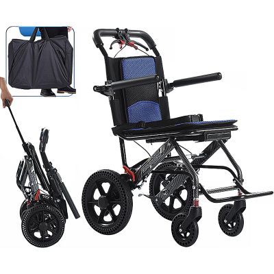 YFJBDKS Lightweight Folding Transport Wheelchair with Telescopic Handle, 12-Inch Wheels, Blue with Black Frame
