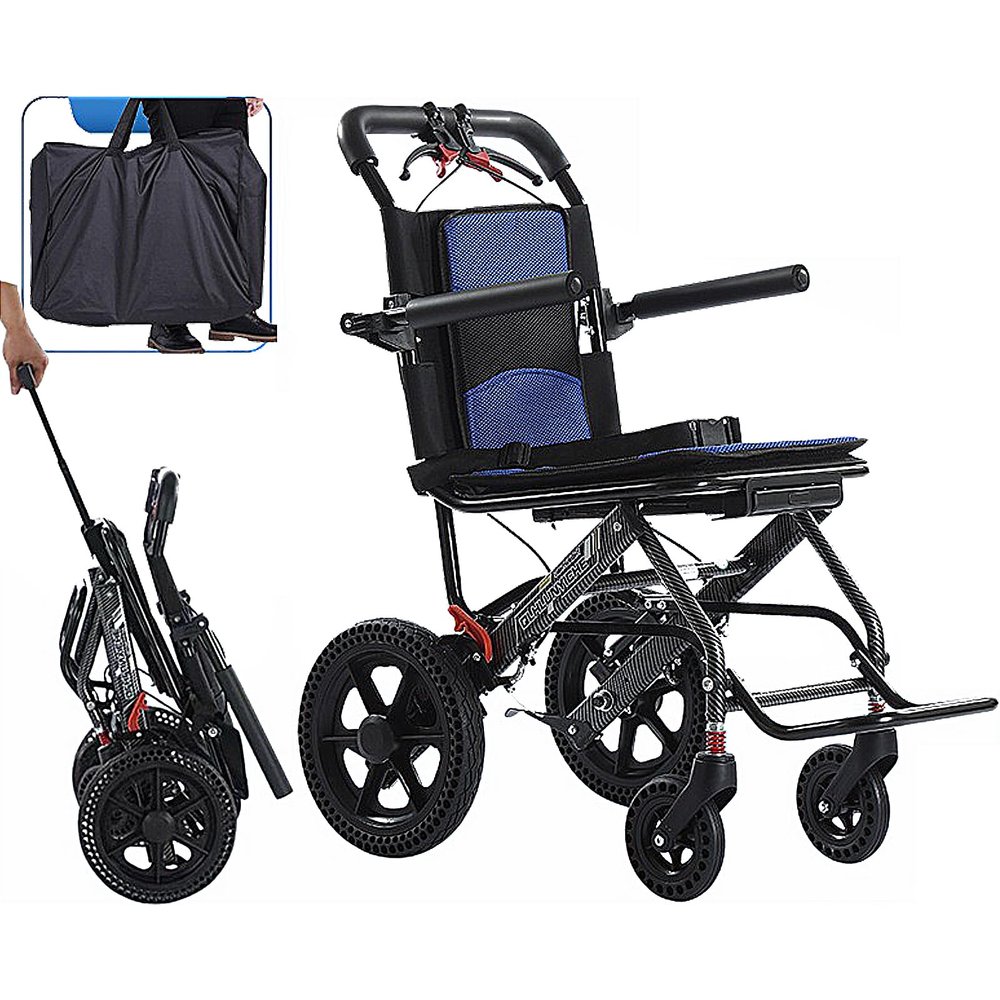 YFJBDKS Lightweight Folding Transport Wheelchair with Telescopic Handle, 12-Inch Wheels, Blue with Black Frame