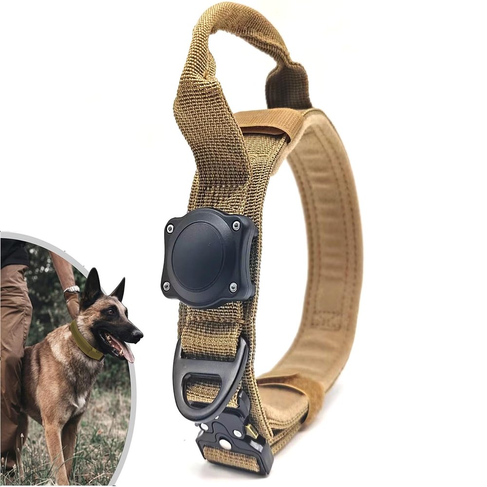 ZHHSUNY Waterproof Tactical GPS AirTag Dog Collar with Holder and Handle, Khaki, L