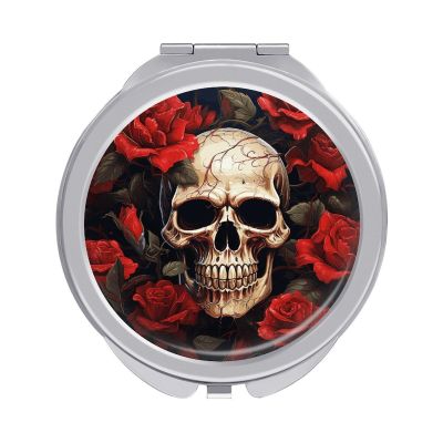 NWTRJ Folding Travel Makeup Mirror, Skull, Rose Red, 1x/2x Magnification