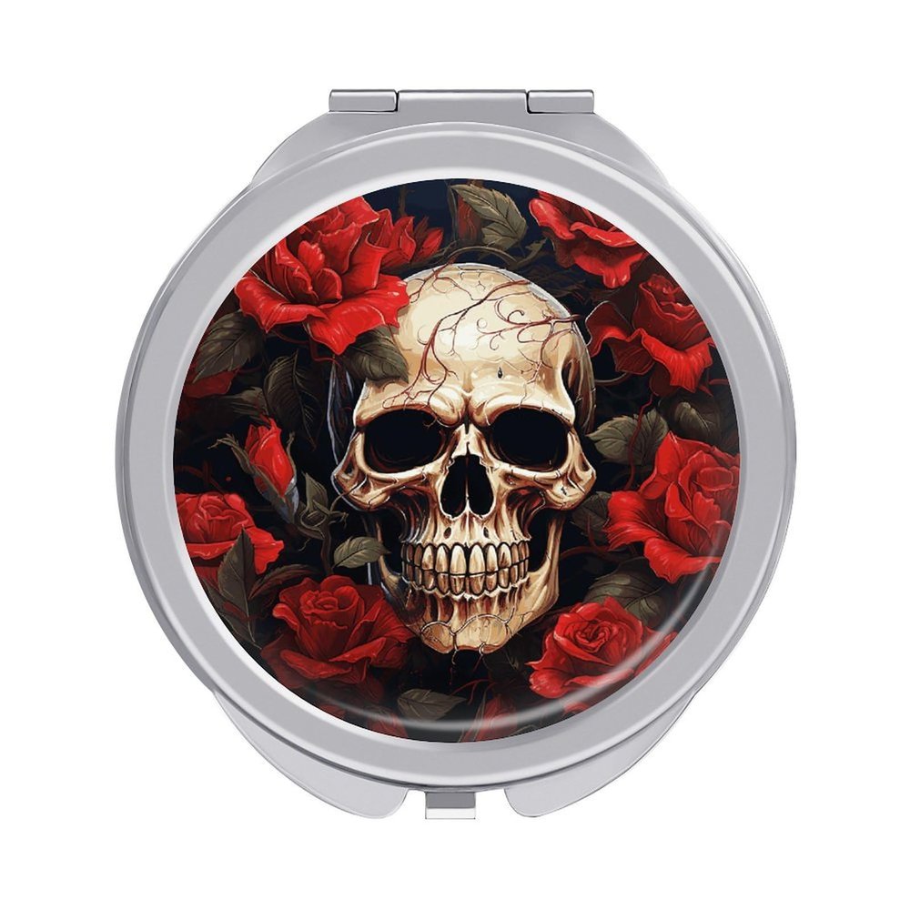NWTRJ Folding Travel Makeup Mirror, Skull, Rose Red, 1x/2x Magnification