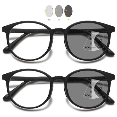VEVESMUNDO Photochromic Progressive Reading Glasses with Blue-Light Filter, 2-Pack, Black, +2.5