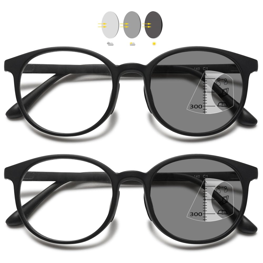 VEVESMUNDO Photochromic Progressive Reading Glasses with Blue-Light Filter, 2-Pack, Black, +2.5