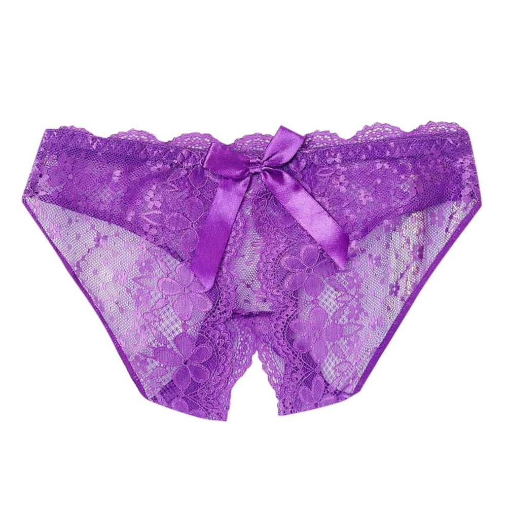 Women's Open-Crotch Lace Thong, Purple, L