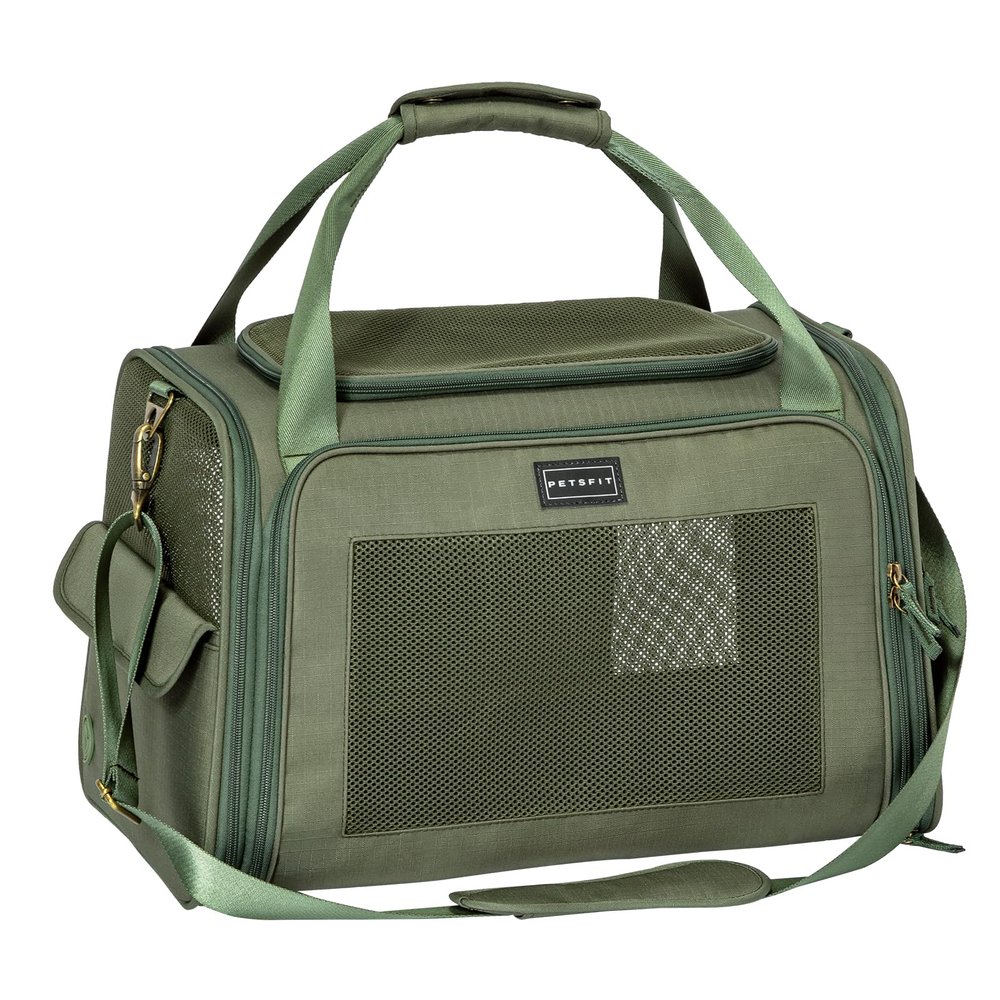 Petsfit Foldable Pet Carrier for Small Dogs and Cats, Adjustable Shoulder Strap, Expandable Cushion, M/Olive Green