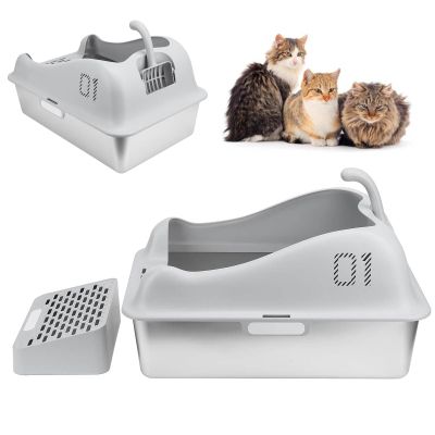 Aredwhiterui Extra-Large Stainless Steel Cat Litter Box with Lid, High Sides, Footboard and Scoop, Gray