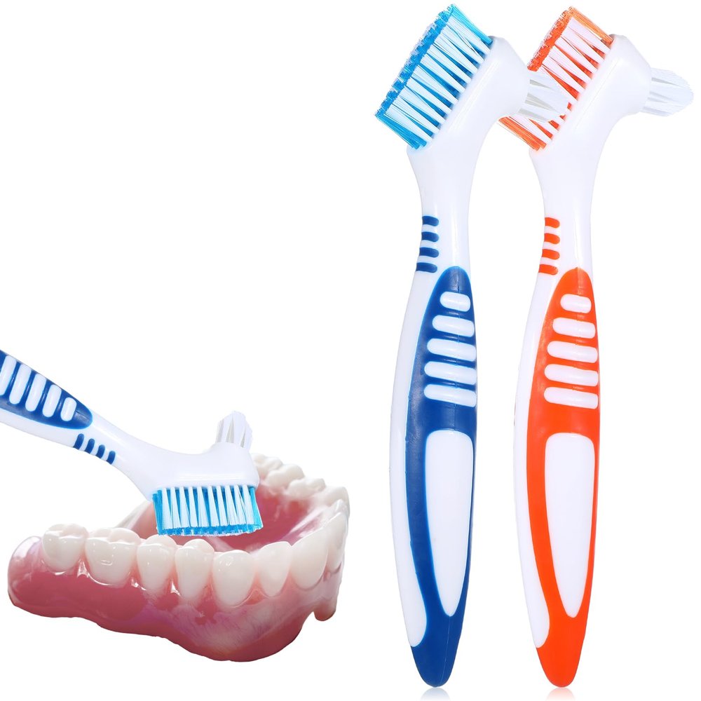 WLLHYF Denture Cleaning Brushes, Double-Sided Bristles, Rubber Grip, 2-Pack