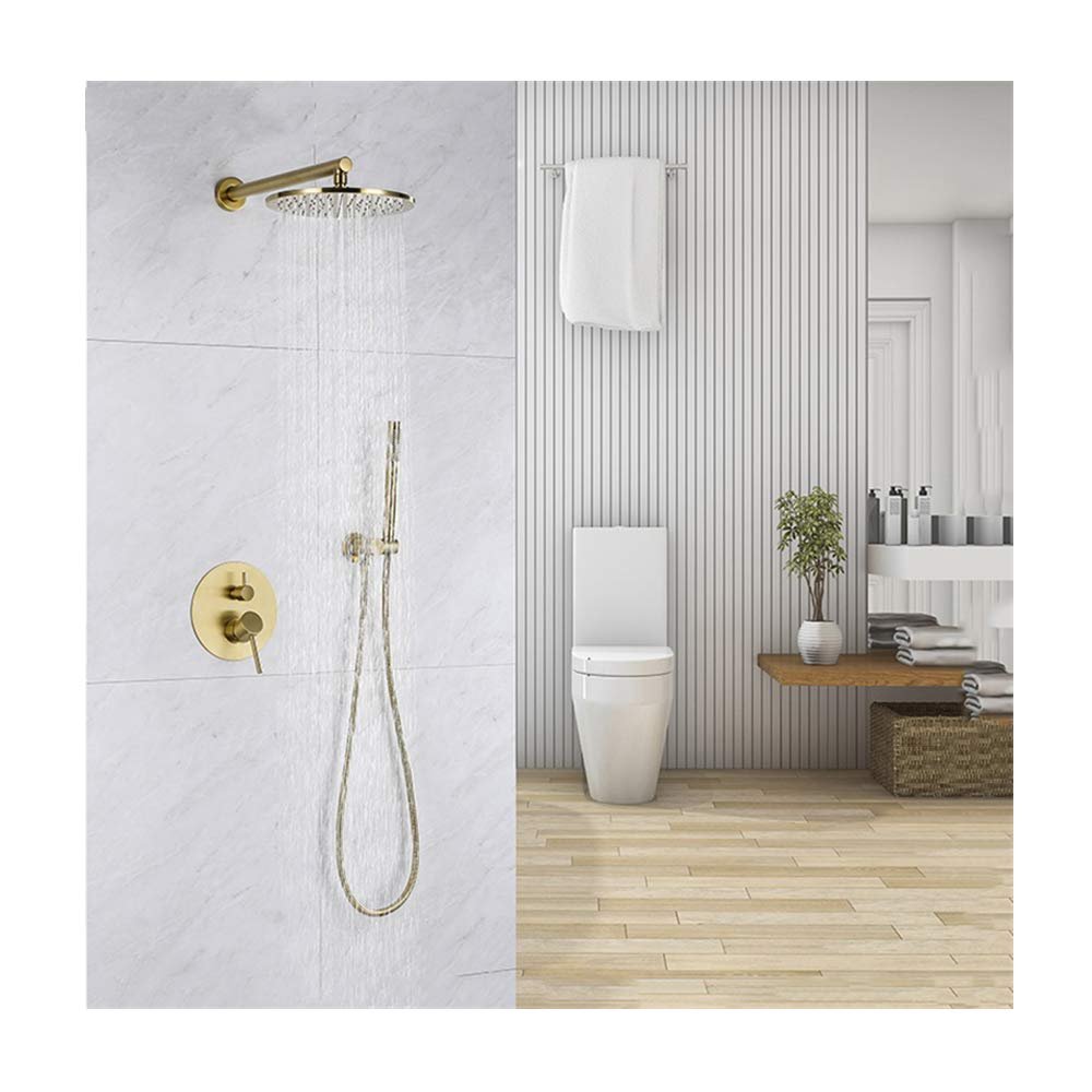 ZERAPH Wall-Mounted Shower System, Brushed Gold Brass, Dual-Handle Set with 10-Inch Rain Showerhead and Hand Shower