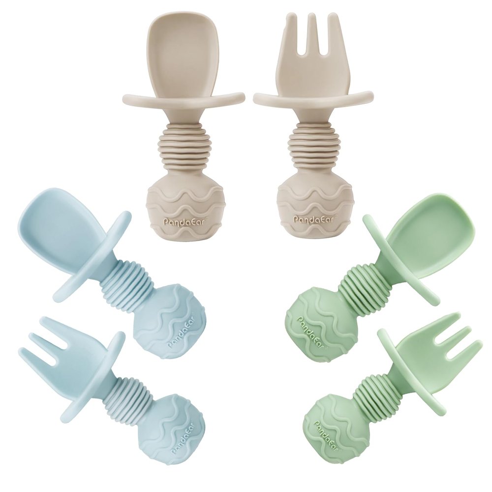 PandaEar 6-Pack Silicone Baby Spoons and Forks Feeding Set with Choke-Guard, First Self-Feeding Utensils for Baby-Led Weaning from 3 Months (Blue, Green, Brown)